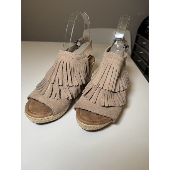 Minnetonka Sz 7 Espadrille Wedge Tan Sandal Ashley Fringe Suede Leather - Picture 2 of 8
